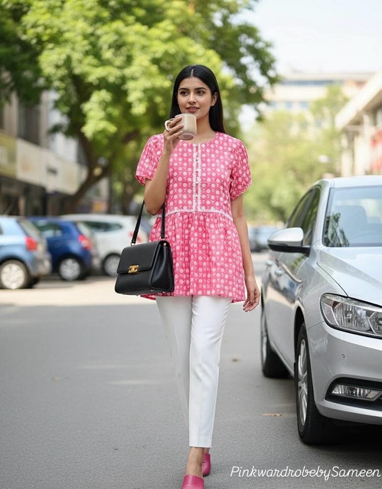 Pink polka dot lawn top
